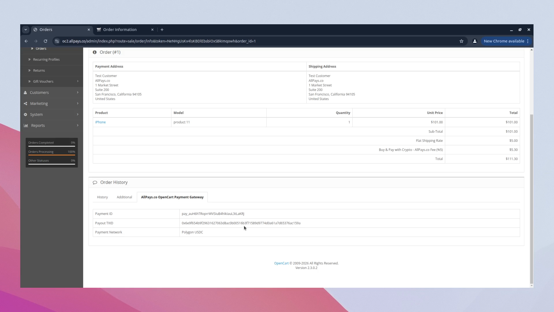 OpenCart order detail after AllPays.co payment processing
