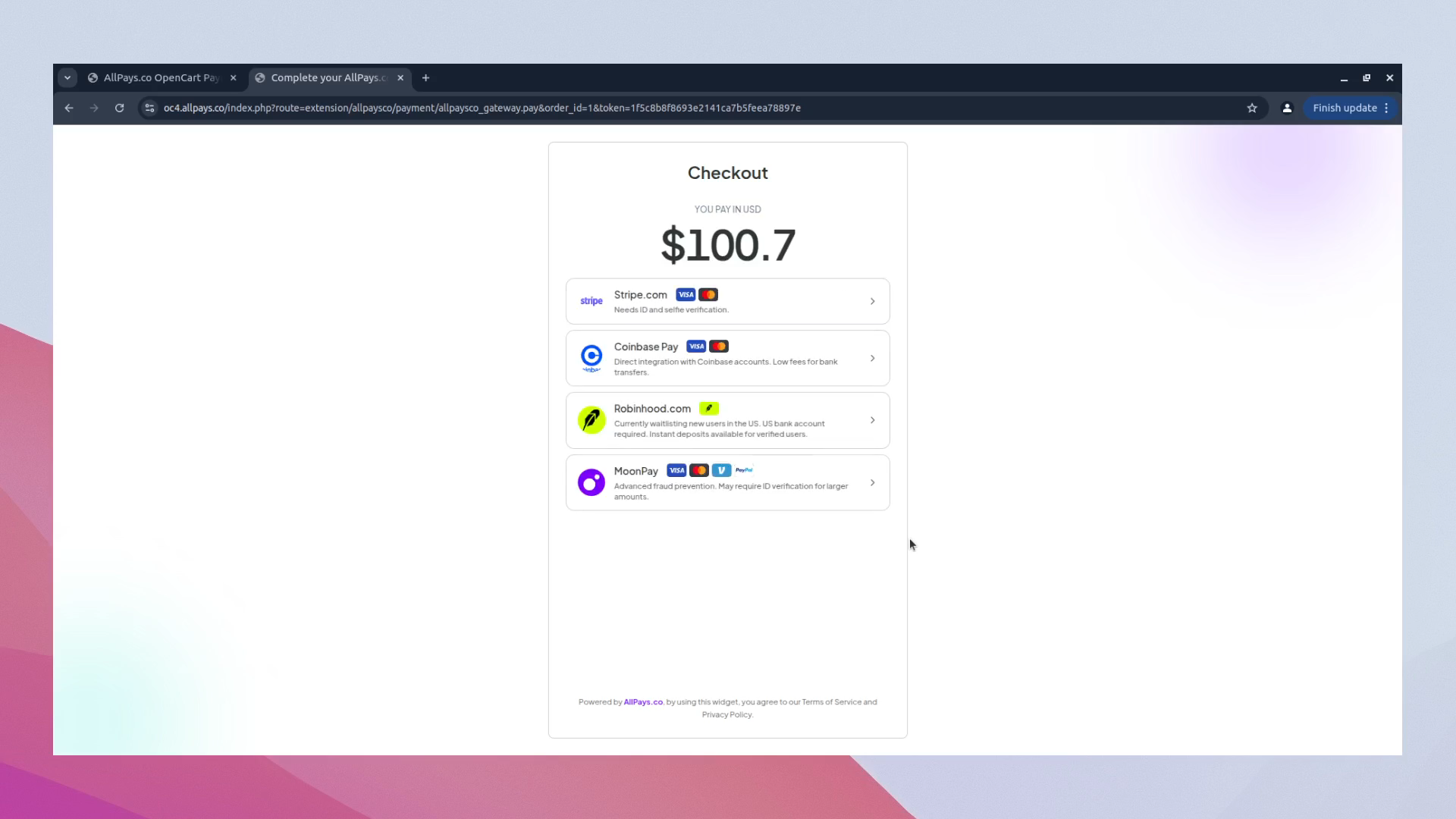 AllPays.co provider selection shown in OpenCart 3 checkout