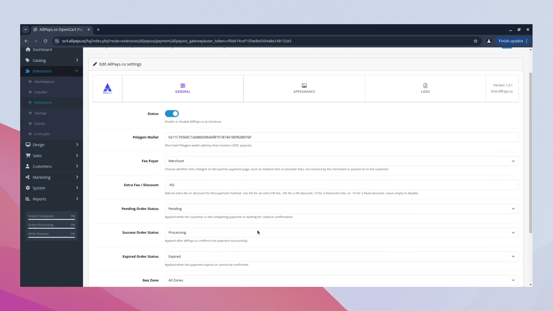 AllPays.co settings screen for OpenCart 4