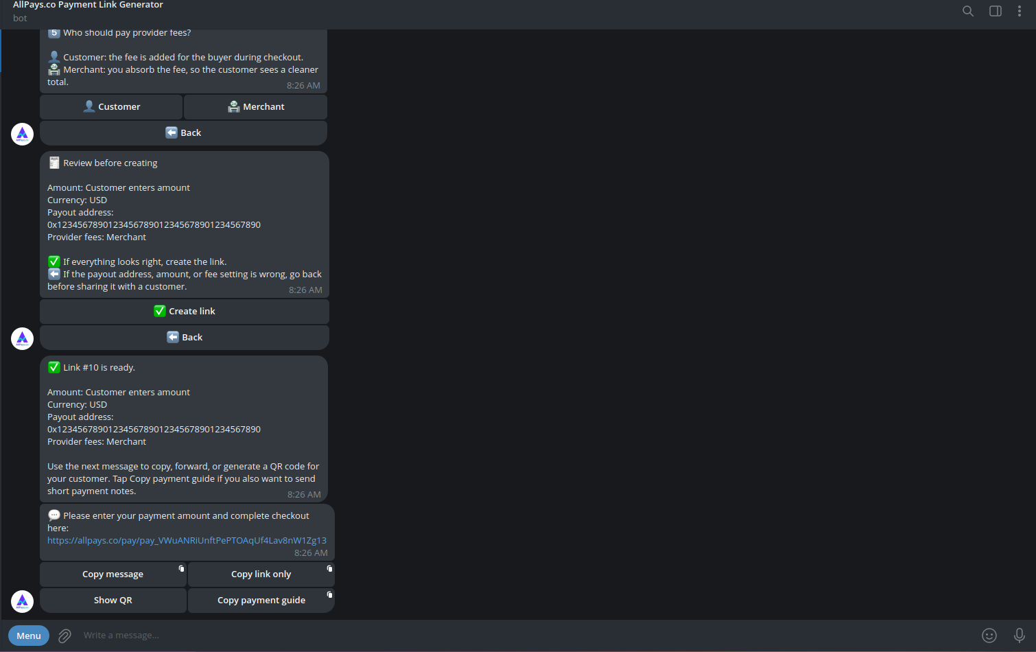 Create Payment Link on Telegram screenshot