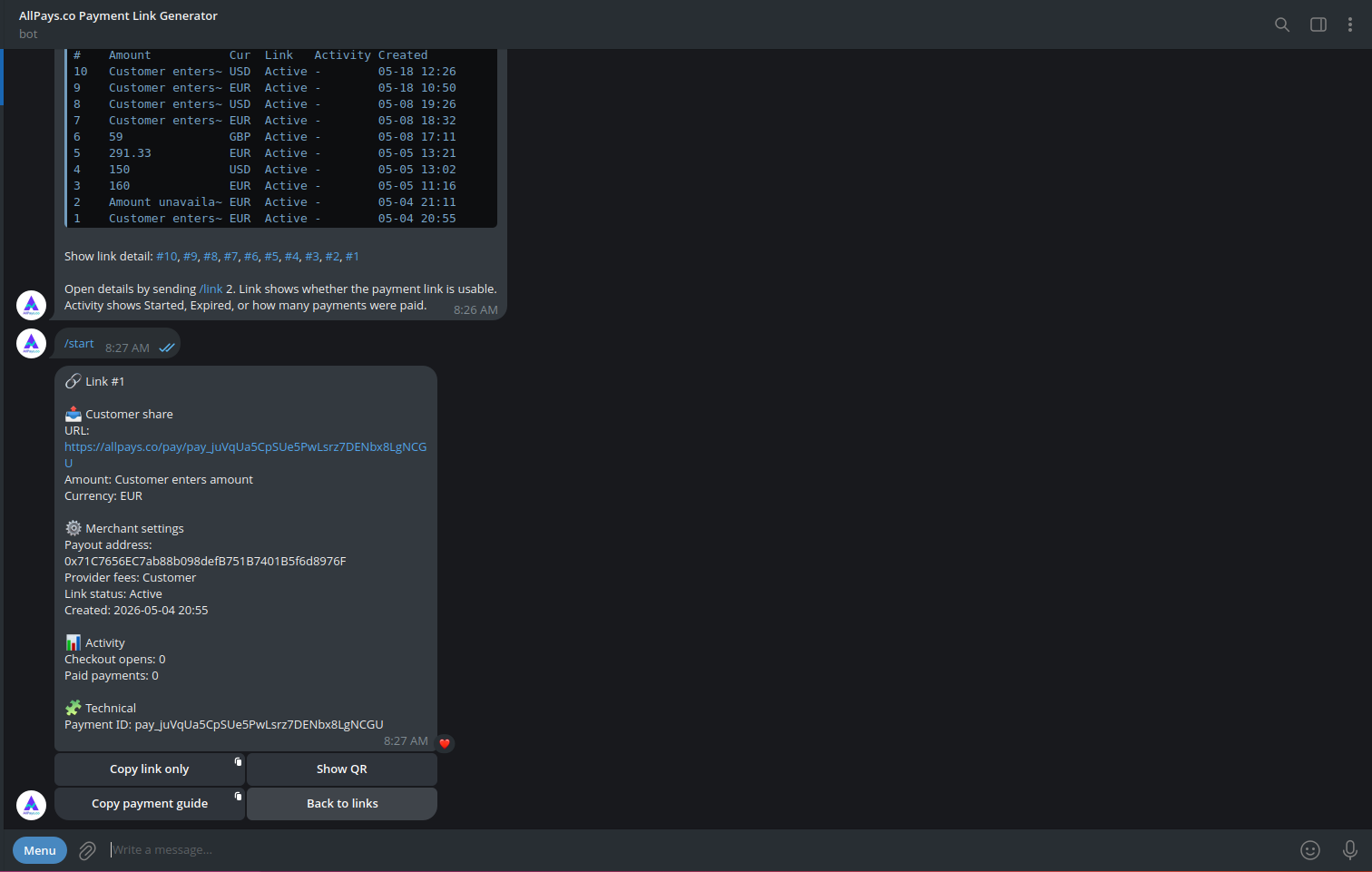 Check Payment Link Details screenshot