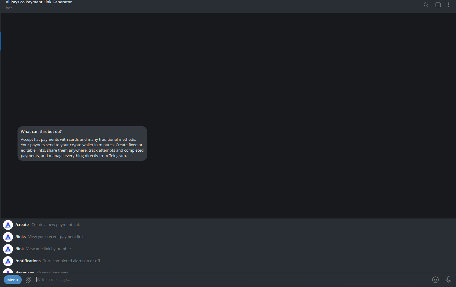 Open AllPayscoBot Payment Link Menu screenshot