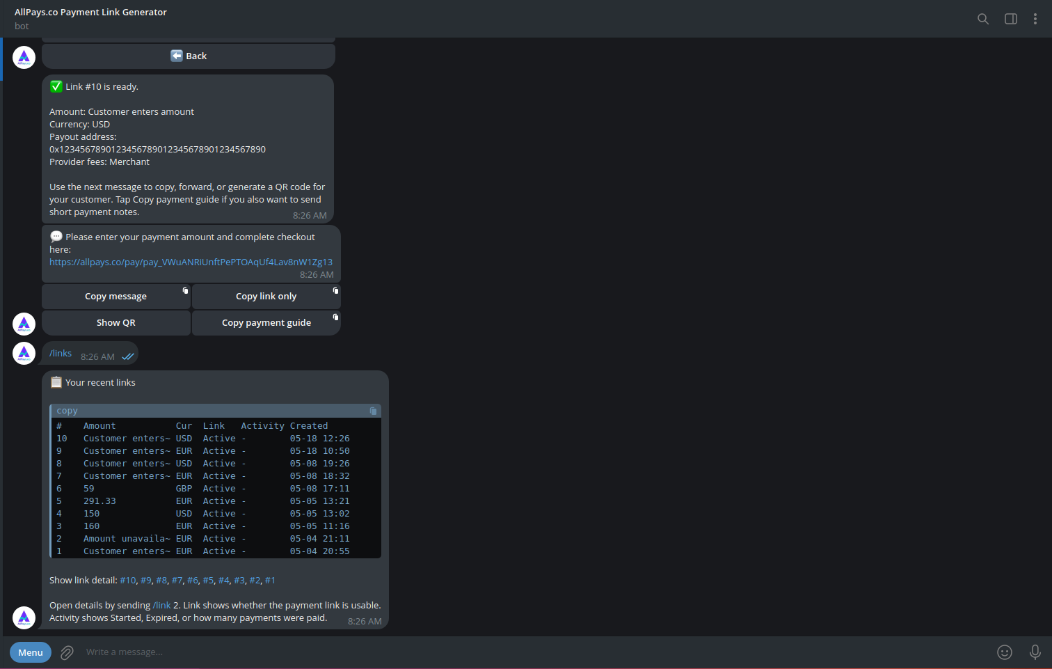 View Recent Payment Links screenshot