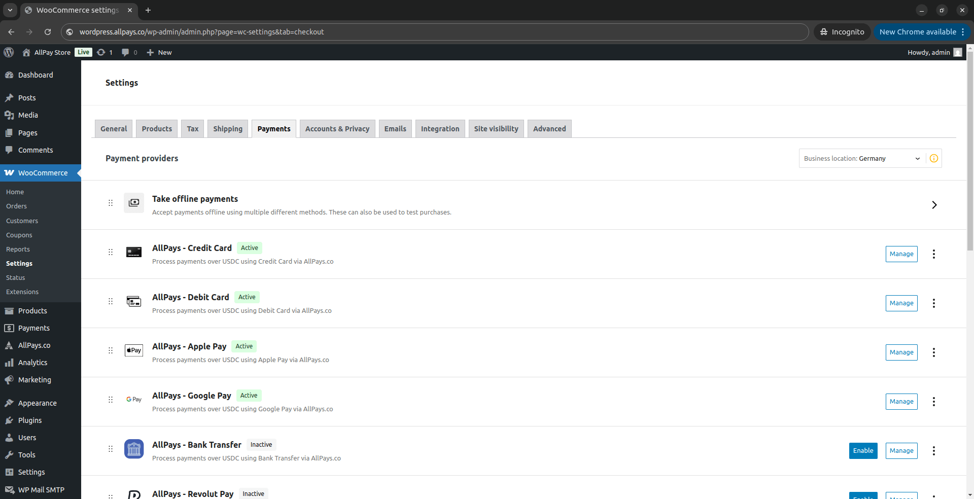 AllPays.co Payments Dashboard in WooCommerce