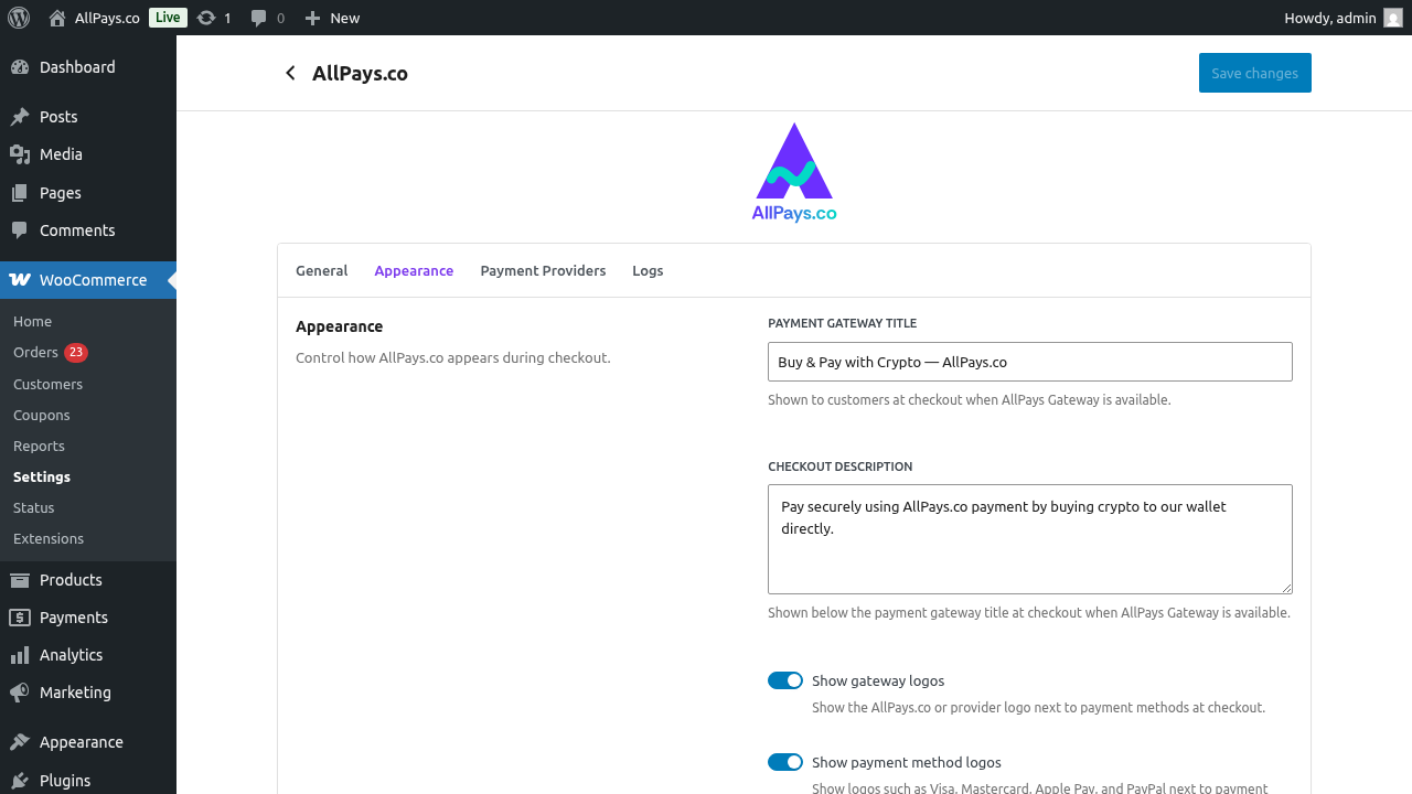 Appearance settings for AllPays.co in WooCommerce