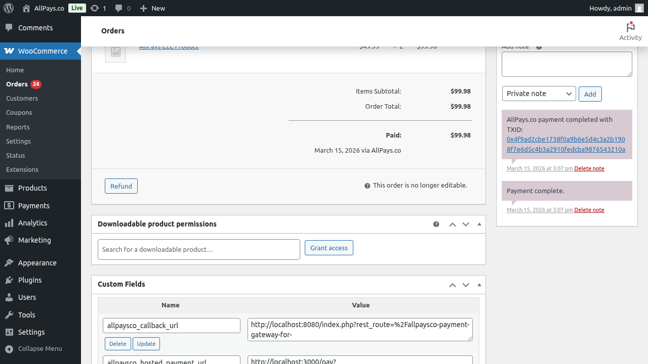 WooCommerce order marked paid after AllPays.co confirmation